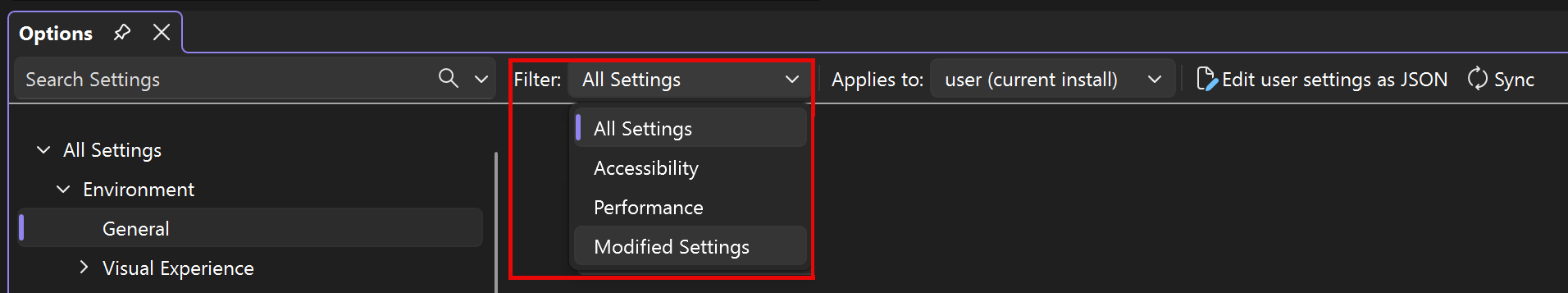 Screenshot of Filter options on Settings pane.