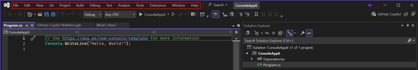 Screenshot of the Menu bar in Visual Studio 2022.