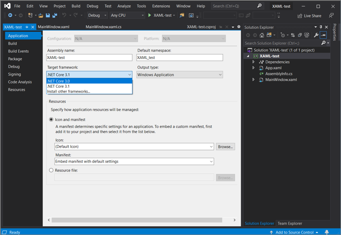 Screenshot of the dialog box where you can change the .NET version Screenshot of the Application dialog box showing the options in the Target framework drop-down.