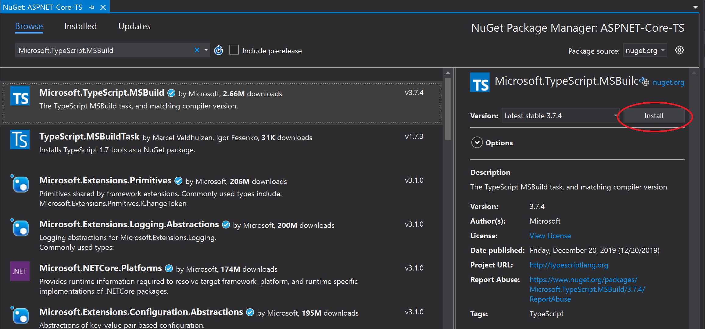 Screenshot of the Nuget package manager.