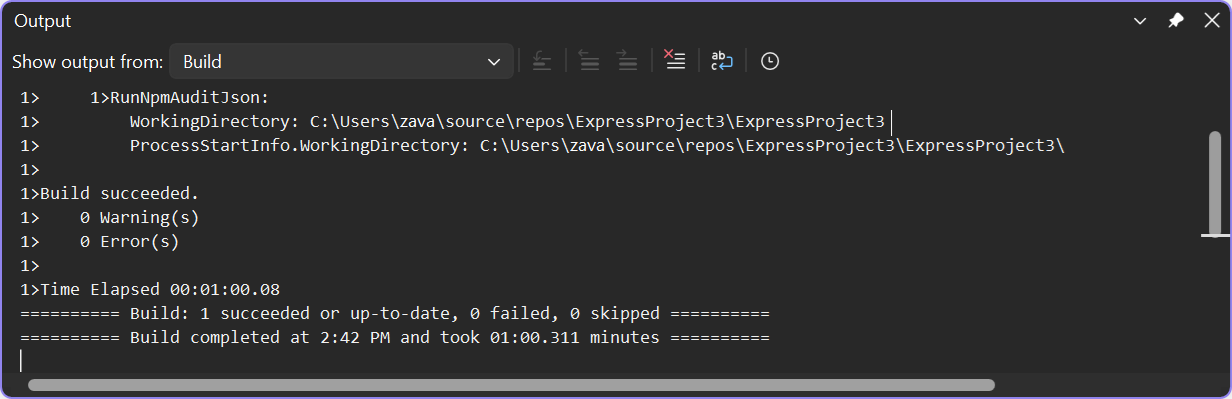 Screenshot of verbose build output in Visual Studio.