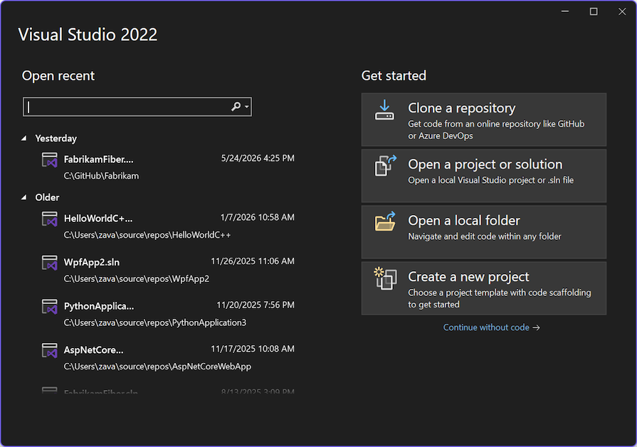 Screenshot of the Start Window when Visual Studio 2022 opens.