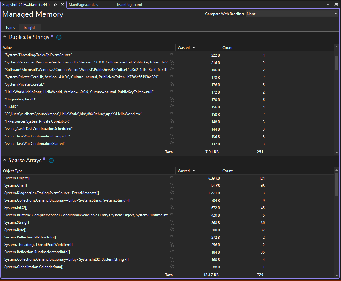 Screenshot of the insight view in the Memory Usage tool.