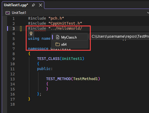 Screenshot shows Solution Explorer with an #include statement with IntelliSense highlighting a header file in Visual Studio.