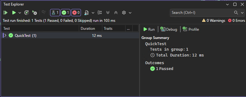 Screenshot shows Test Explorer after tests are run in Visual Studio.