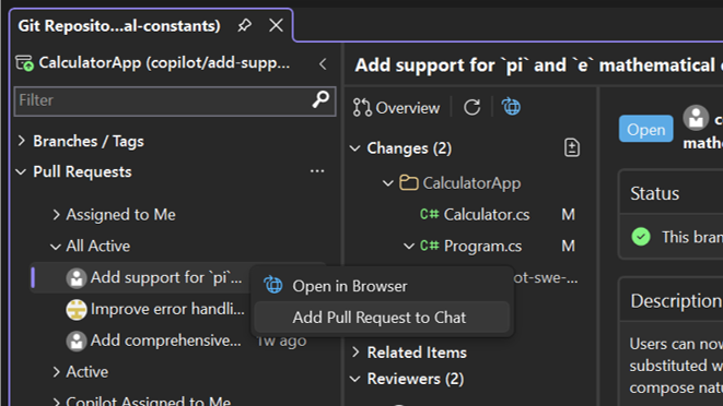 Screenshot showing a pull request being added to Copilot Chat from the Git Repository window.