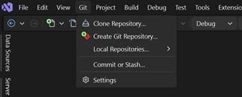 Screenshot of the Create Git Repository option from the Git menu in Visual Studio.