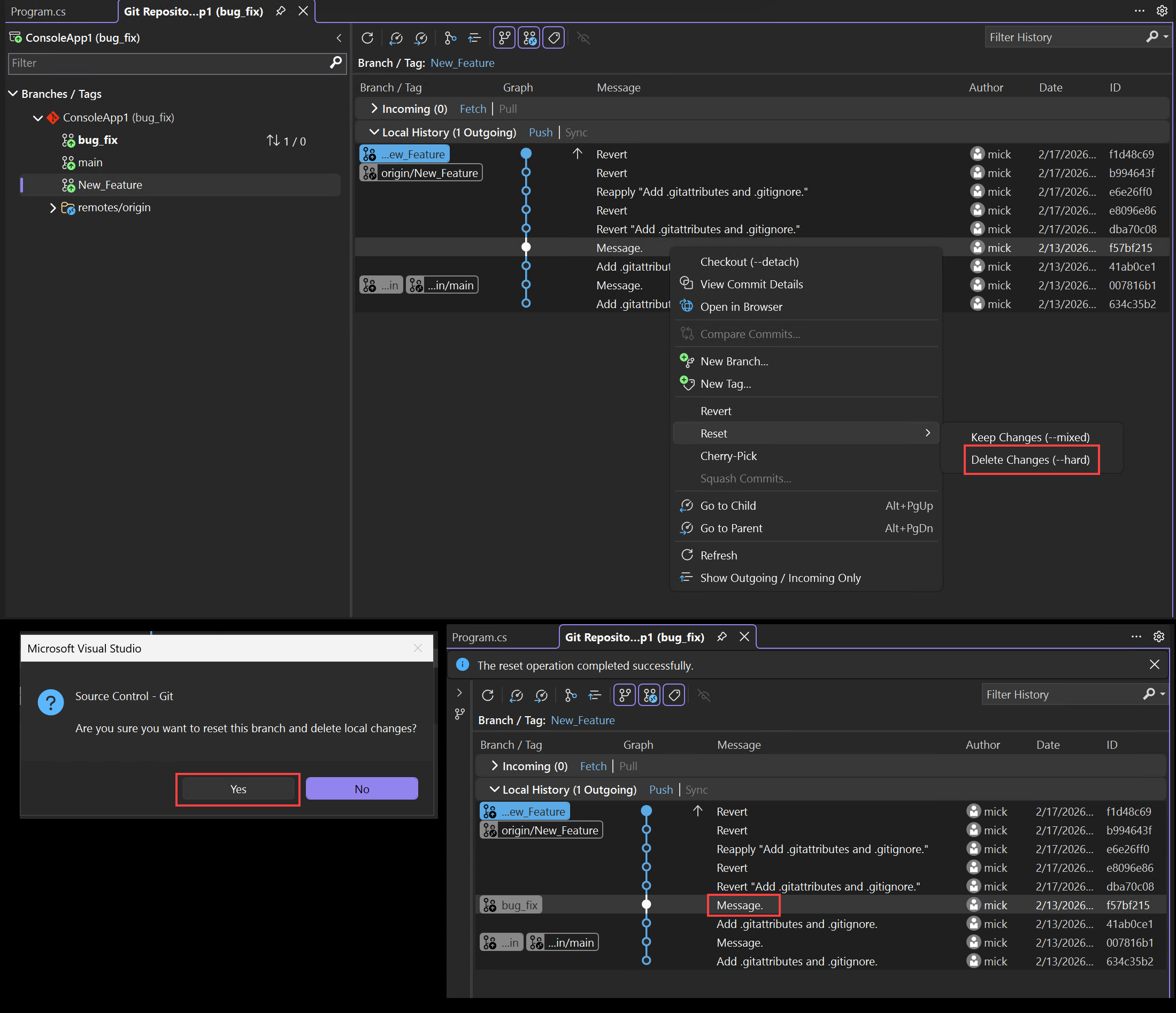 Screenshot that shows resetting a branch in Visual Studio.