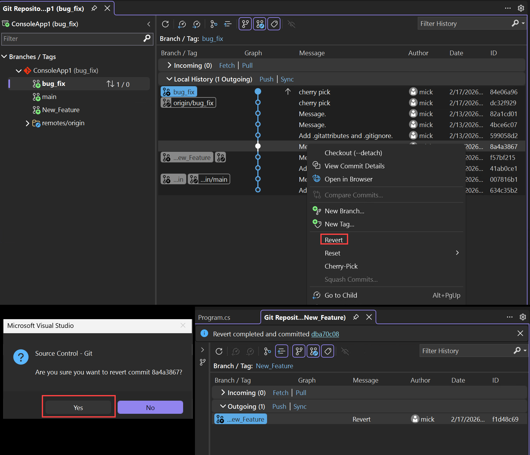 Screenshot of reverting in Visual Studio.