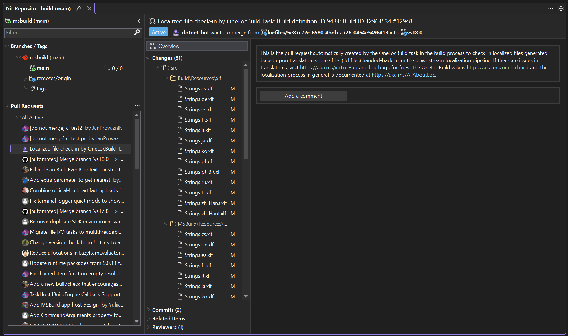 Screenshot of the Git Repository window in Visual Studio with Branches or Tags and Pull Requests in the left pane, and pull request details in the main pane.