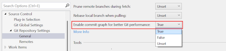 Screenshot that shows the 'Enable commit graph for better Git performance' option for a local repository.