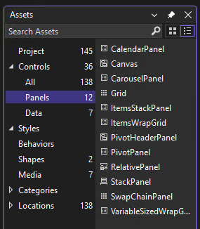 Screenshot that shows the Assets window in Blend for Visual Studio.