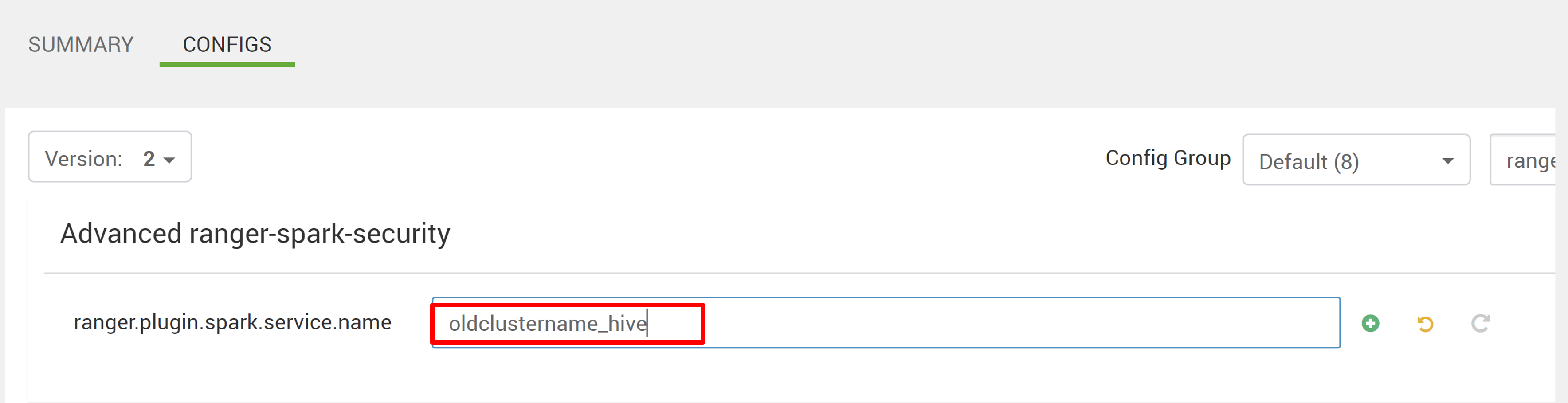 Screenshot that shows a configuration update for service name in Ambari.