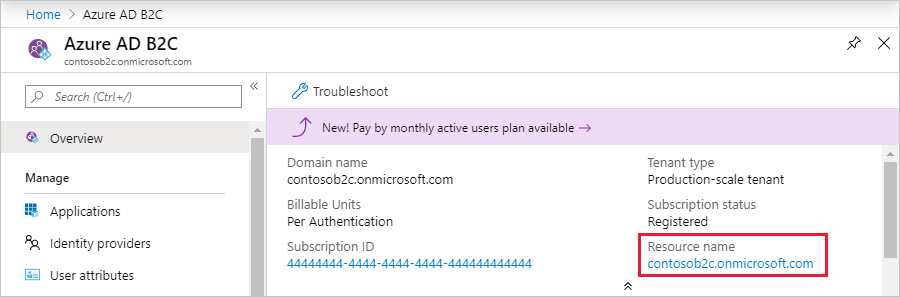 Screenshot: Auswählen der Azure&nbsp;AD&nbsp;B2C-Ressource im Azure-Portal.