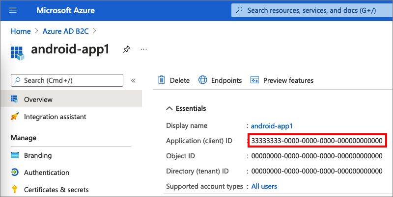 Screenshot, der die Android-Anwendungs-ID hervorhebung