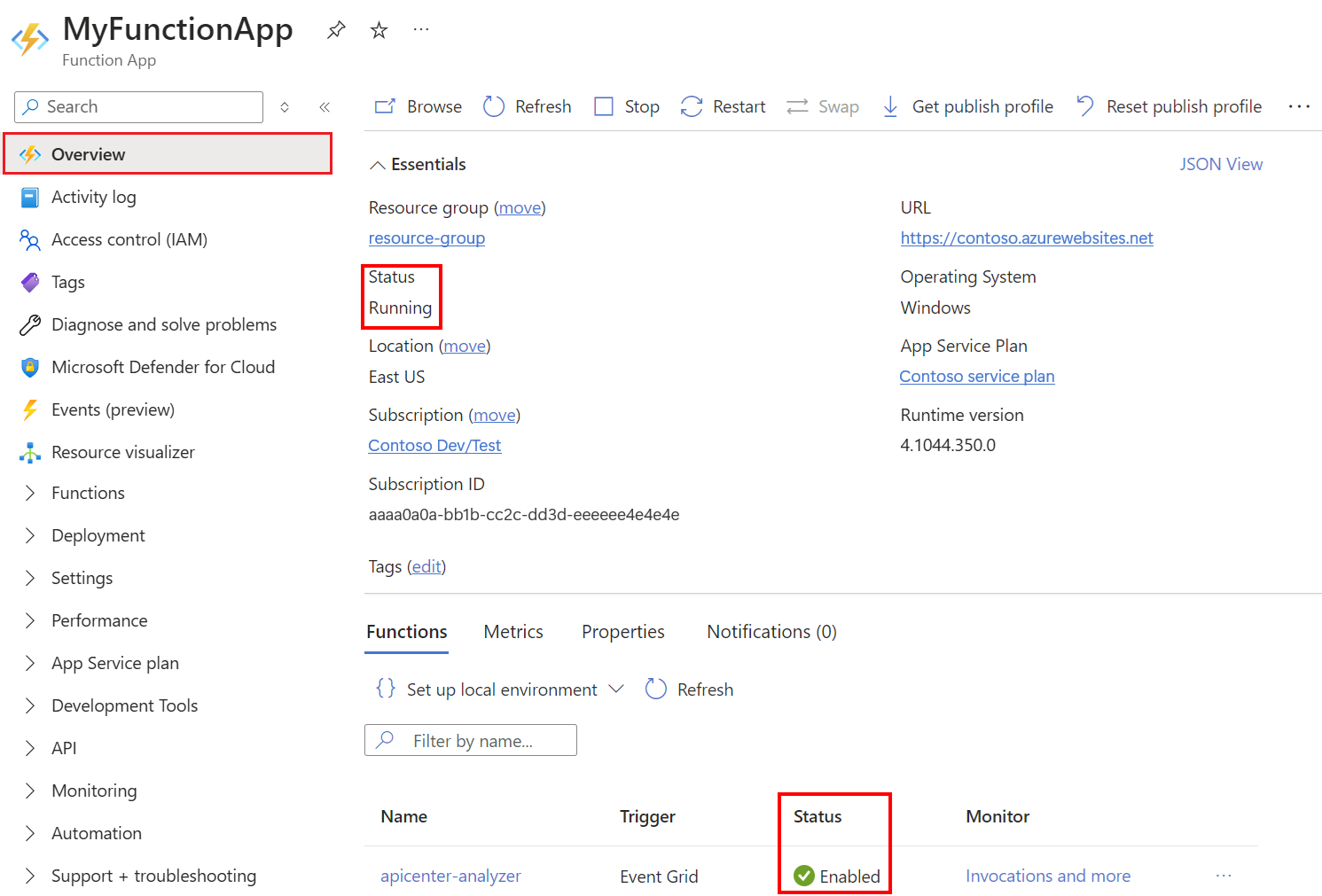 Screenshot der Funktions-App im Azure portal mit dem Status 