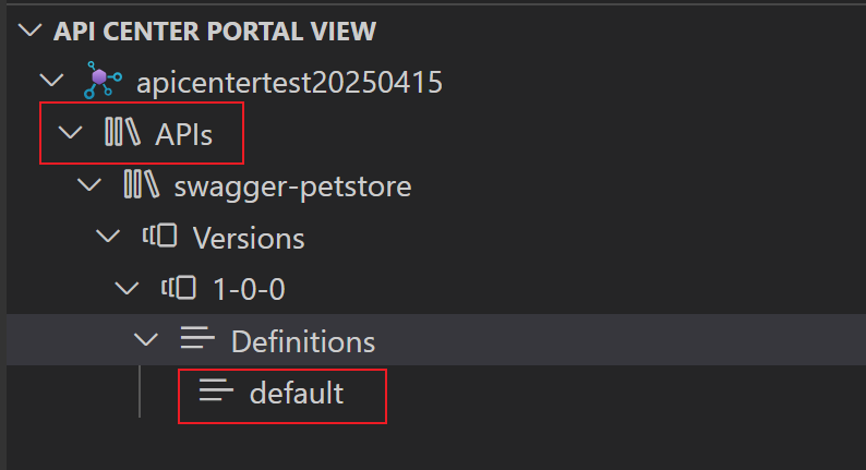 Screenshot der API Center-API-Definitionen in der API Center-Erweiterung.