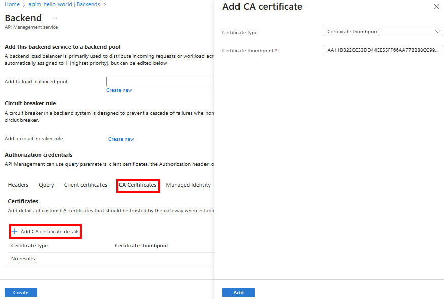 Screenshot der Konfiguration von CA-Zertifikatsdetails für ein Backend im Portal.
