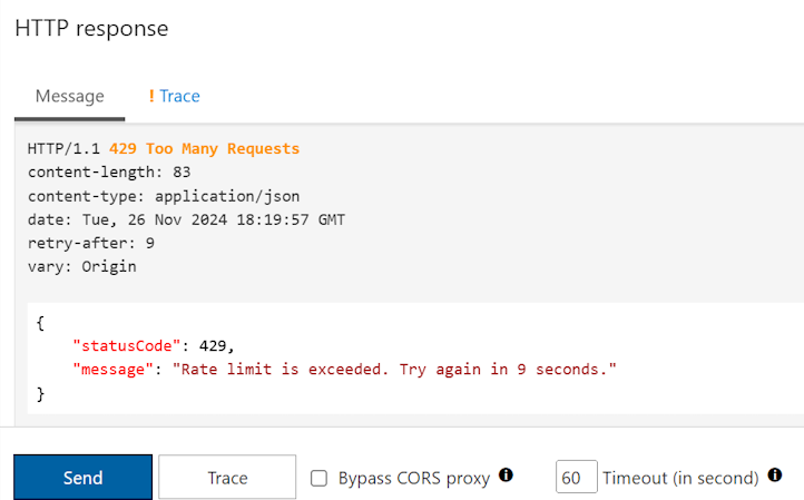 Screenshot: „Too Many Requests“ in der Antwort im Portal.