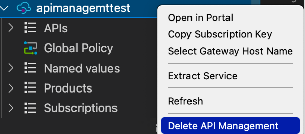 Löschen der API-Verwaltungsinstanz aus VS Code
