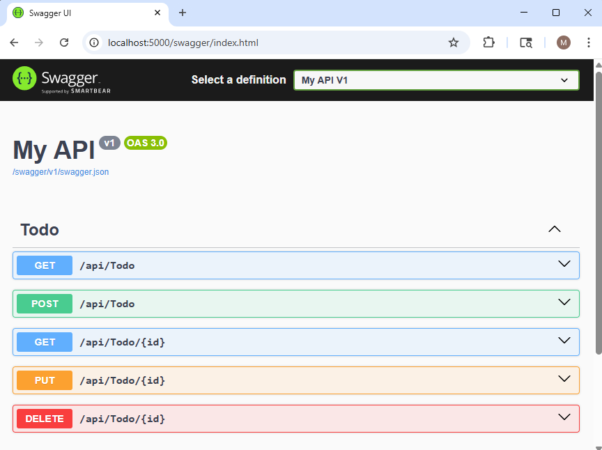 Screenshot einer ASP.NET Core-API, die lokal ausgeführt wird.