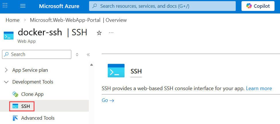 Screenshot des App-Diensts SSH.