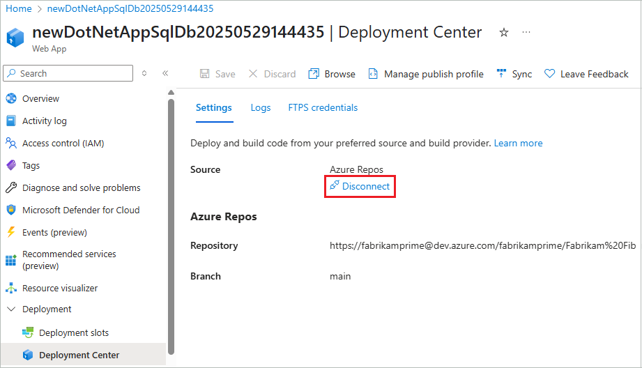 Screenshot, der zeigt, wie Sie die Synchronisierung Ihres Cloudordners mit Ihrer App Service-App im Azure-Portal trennen.