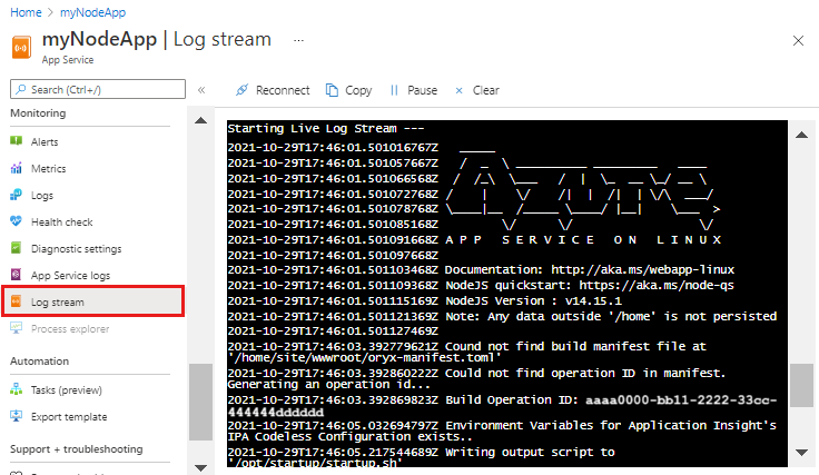 Screenshot des Log-Streams in Azure-App Service.