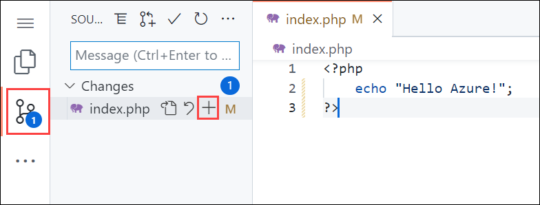 Screenshot von Visual Studio Code im Browser mit hervorgehobener Navigation für die Quellcodeverwaltung in der Randleiste und hervorgehobener Schaltfläche „Änderungen stagen“ im Bereich der Quellcodeverwaltung.