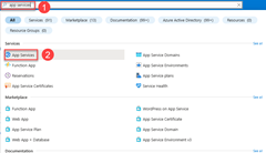 Screenshot: Verwenden des Suchfelds auf der oberen Symbolleiste, um nach App Services in Azure zu suchen.