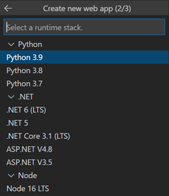 Screenshot: Dialogfeld in VS&nbsp;Code zum Auswählen des Runtimestapels für die neue Web-App.
