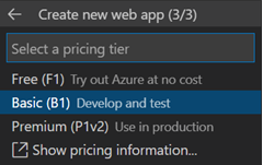 Ein Screenshot des Dialogfelds in VS&nbsp;Code, das zum Auswählen eines Tarifs für die neue Web-App verwendet wird.