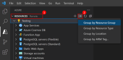 Screenshot: Löschen einer Ressourcengruppe in VS&nbsp;Code unter Verwendung der Azure-Tools-Erweiterung.