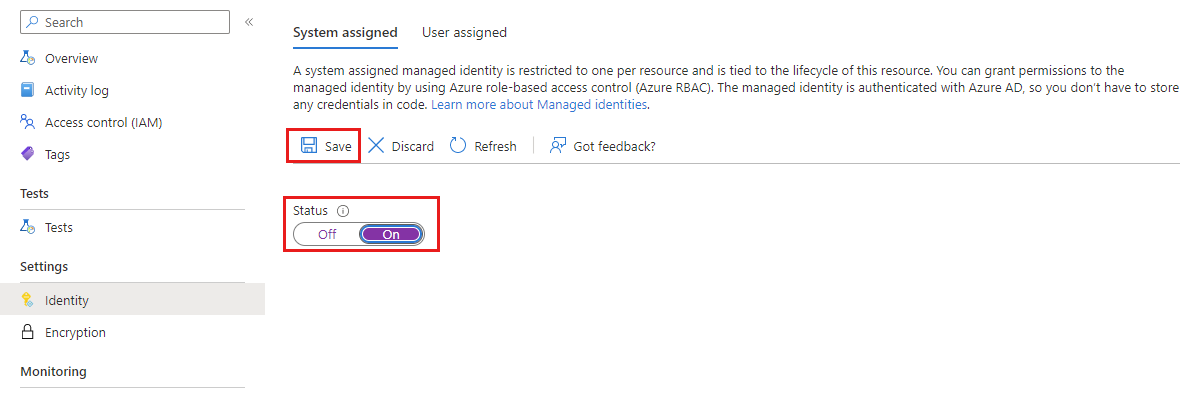 Screenshot: Zuweisen einer systemseitig zugewiesenen verwalteten Identität für Azure Load Testing im Azure-Portal.