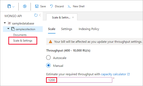 Screenshot der aktualisierten Azure Cosmos DB-Skalierungseinstellungen.