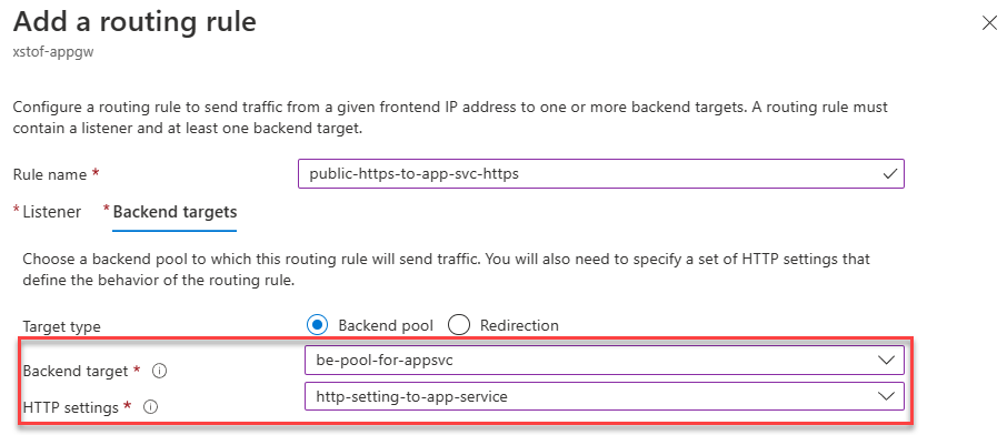 Hinzufügen einer neuen Routingregel vom Listener zum App Service-Back-End-Pool mithilfe der konfigurierten HTTP-Einstellungen