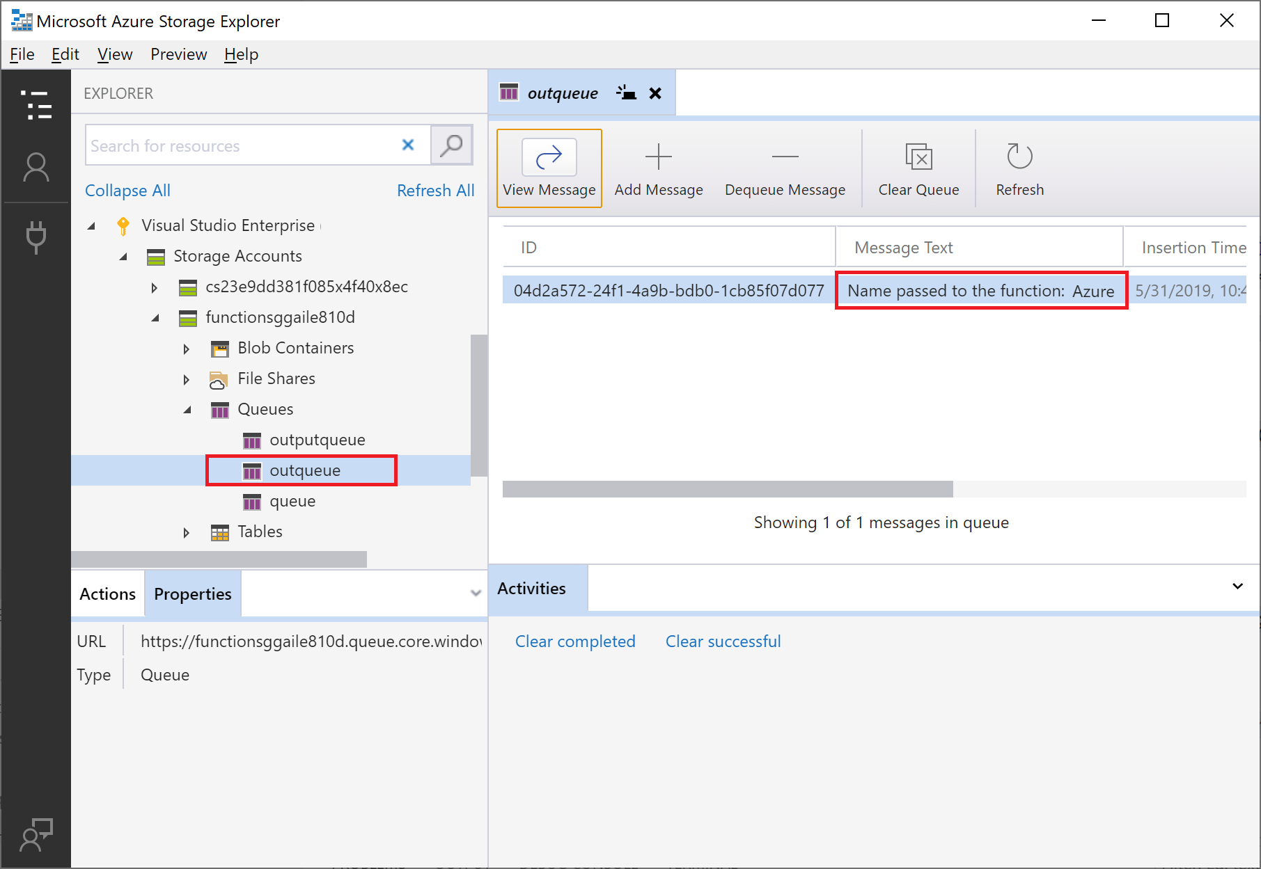 Screenshot der Warteschlangennachricht, die in Azure Storage-Explorer angezeigt wird.
