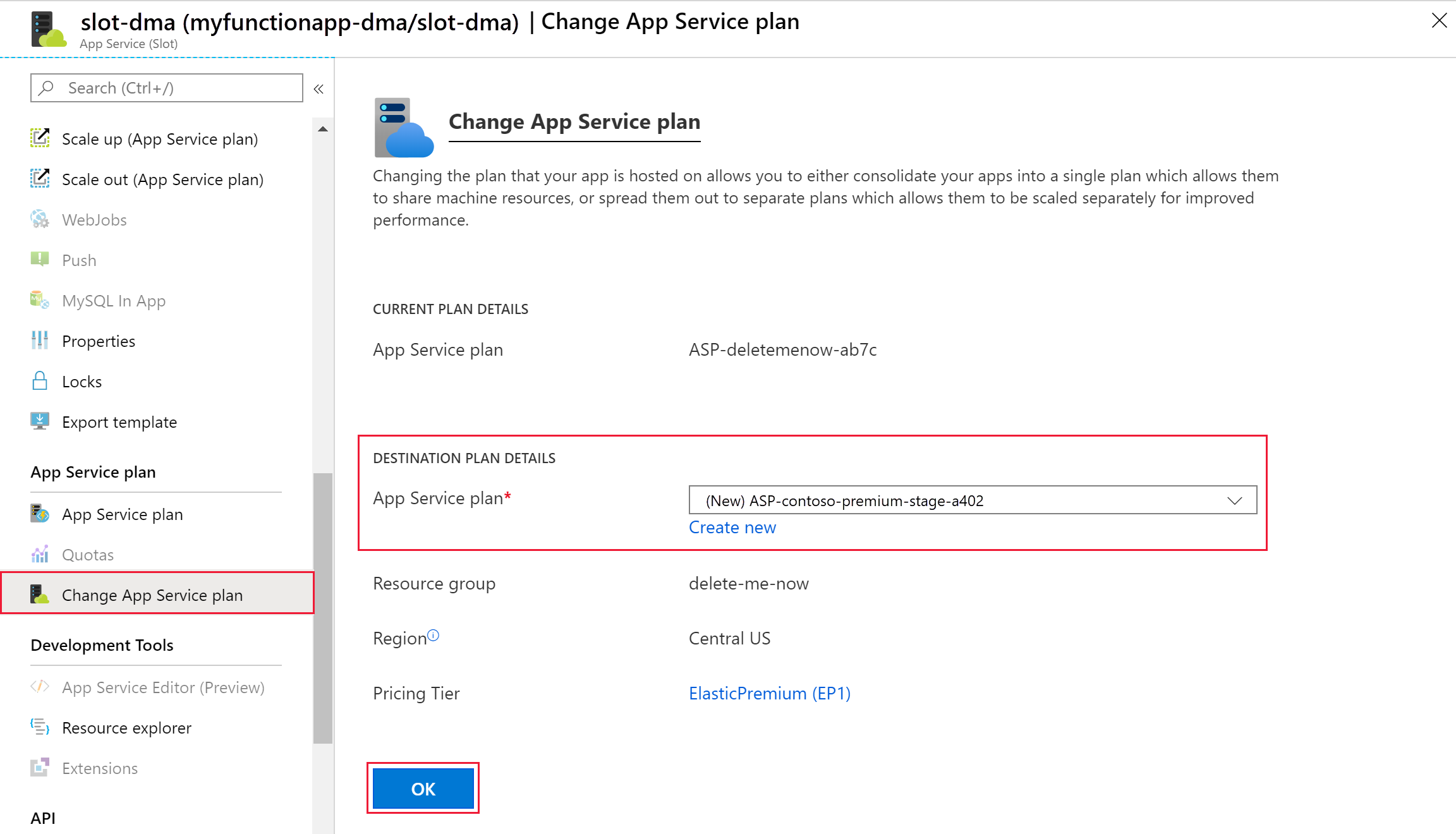 Screenshot zeigt, wo der App Service-Plan im Azure-Portal geändert werden soll.