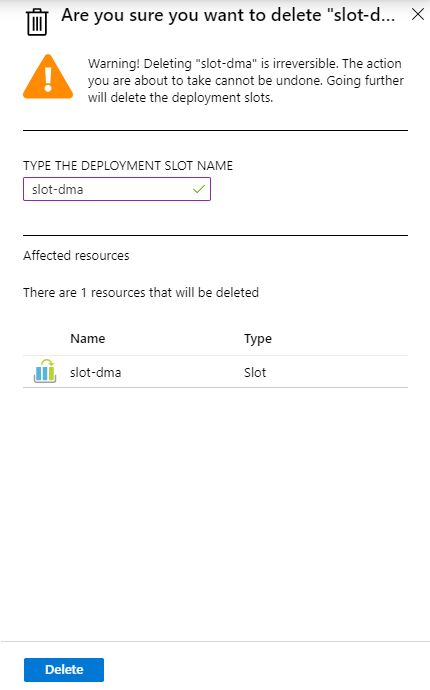 Screenshot zeigt das Löschen des Bereitstellungsplatzes im Azure-Portal.