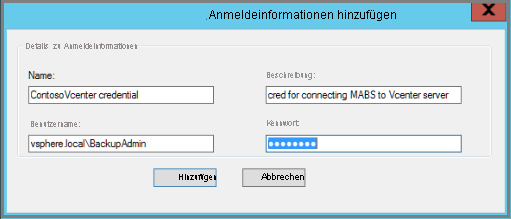 Screenshot: Dialogfeld „Azure Backup Server: Anmeldeinformationen hinzufügen“.