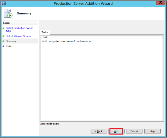 Screenshot zeigt, wie Sie den VMware-Server zum Azure Backup Server hinzufügen.