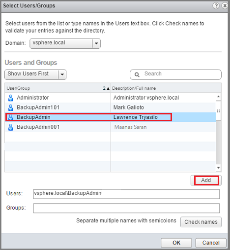 Screenshot zeigt, wie der BackupAdmin-Benutzer hinzugefügt wird.