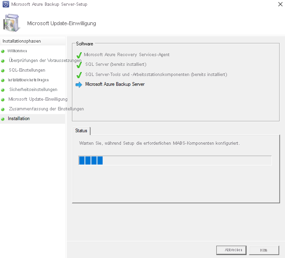Screenshot des Status des Azure Backup Server-Setups.