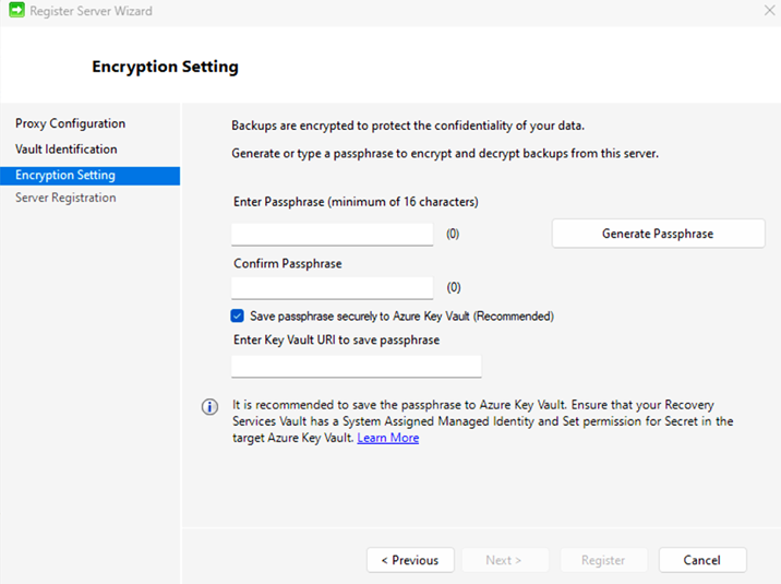 Screenshot der Angabe einer Passphrase zum Ver- und Entschlüsseln von Sicherungen für Computer.