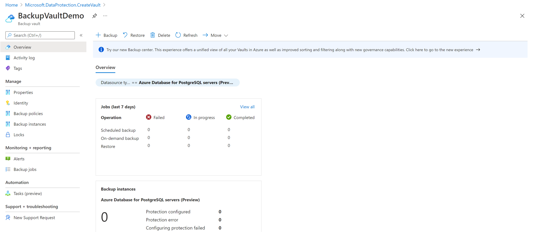 Screenshot: Dashboard des Tresors, der in eine andere Ressourcengruppe verschoben werden soll