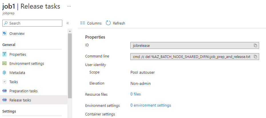Screenshot der Aufgabeneigenschaften für die Auftragsfreigabe im Azure-Portal.