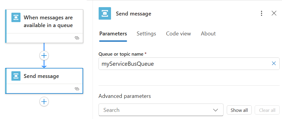 Screenshot, der Informationen für eine integrierte Servicebus-Connector-Aktion in einem Standardworkflow zeigt.