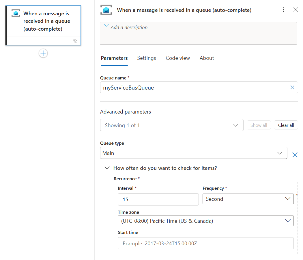 Screenshot des neuen vom Service Bus verwalteten Triggers mit Beispielinformationen in einem Standardworkflow.
