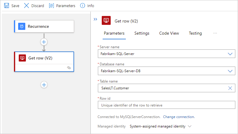 Screenshot: Designer für den Workflow im Tarif „Verbrauch“ und Aktion „Zeile abrufen“ mit dem Beispieltabellennamen und leerer Zeilen-ID