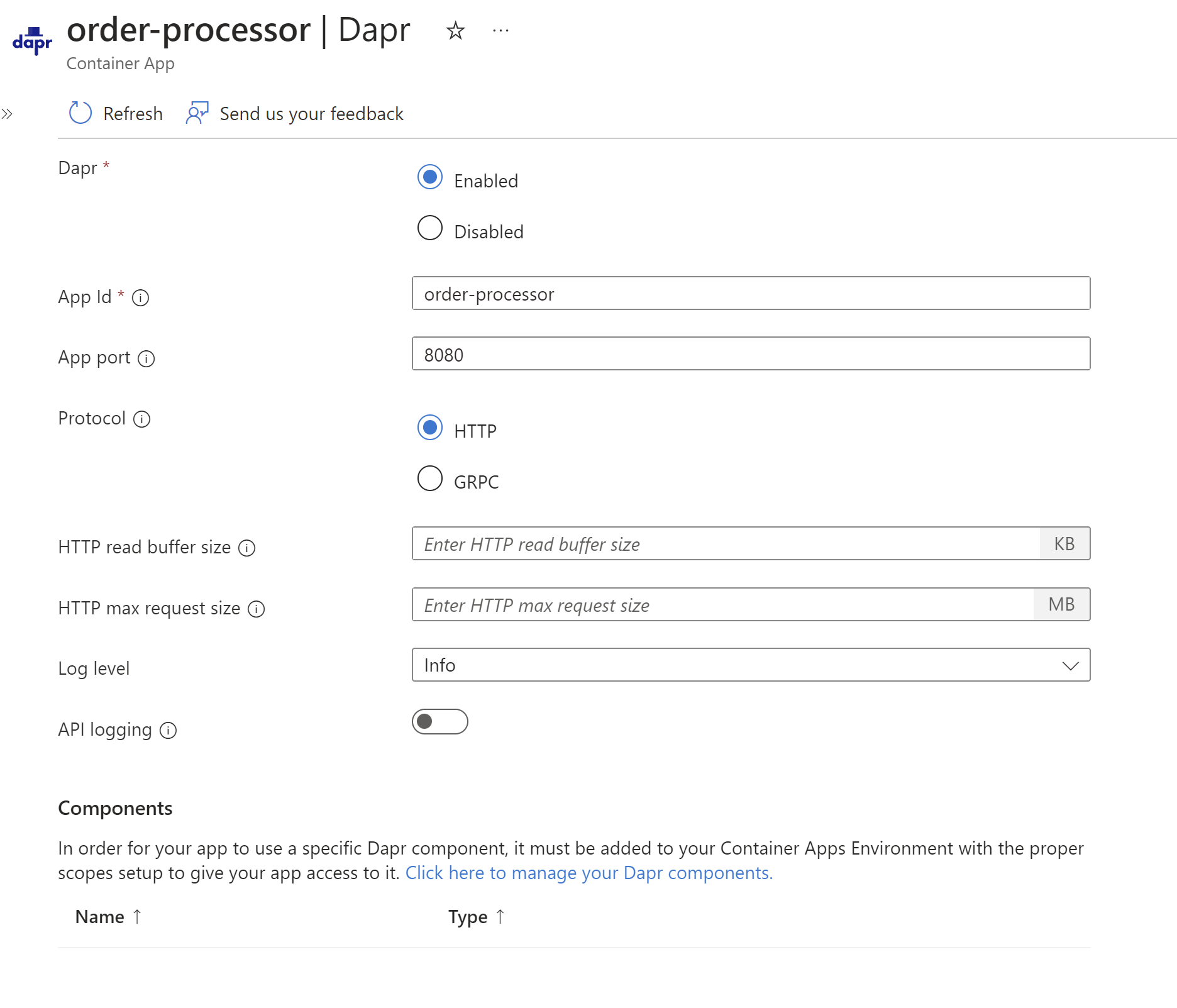 Screenshot, der einige Standardeinstellungen zum Aktivieren von Dapr in der Container-App zeigt.